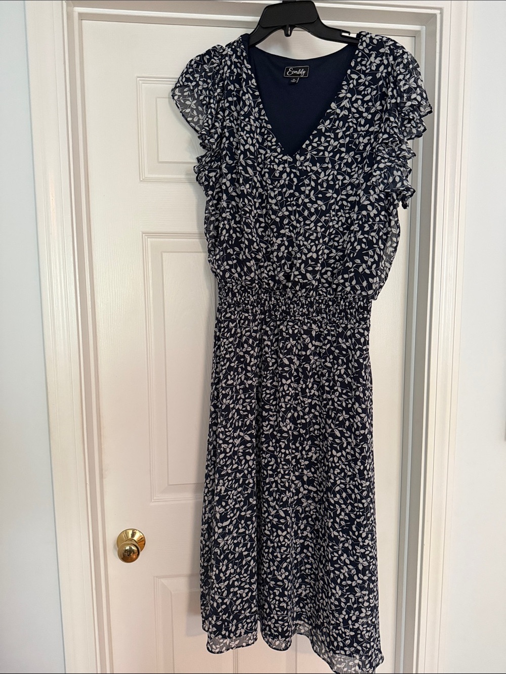 Navy Floral Smocked Waist Midi Dress